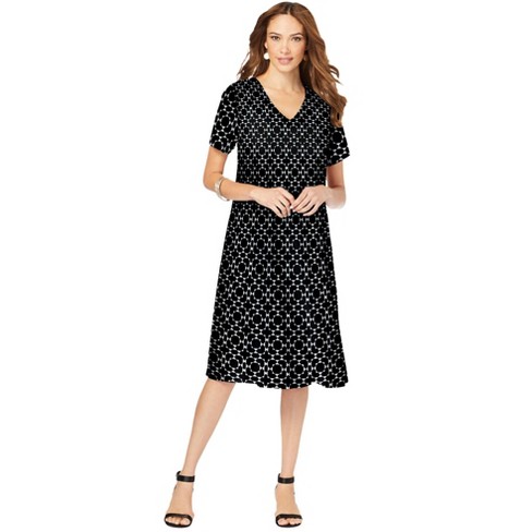 Roaman's Women's Plus Size Petite Ultrasmooth Fabric V-Neck Swing Dress -  22/24, Black White Geo