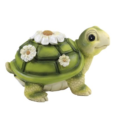 Green and Beige Mini Turtle Garden Statue with Flower Detail