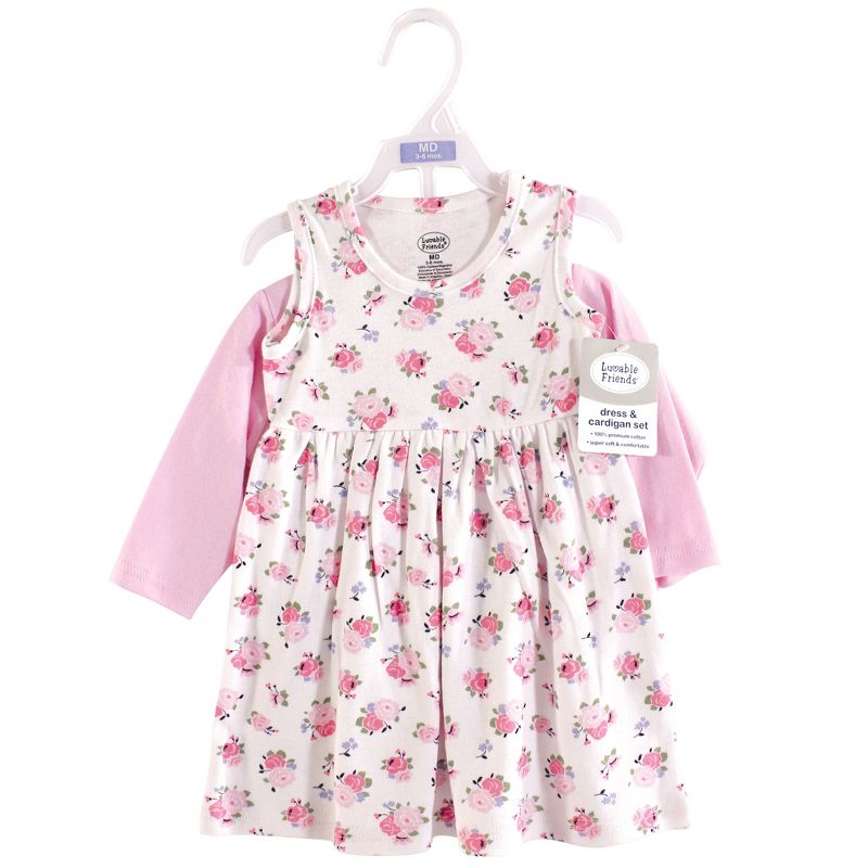 Luvable Friends Baby and Toddler Girl Dress and Cardigan 2pc Set, Pink Floral, 3 of 5
