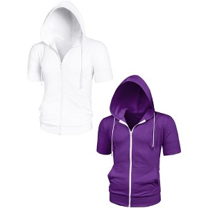 Lars Amadeus Men's Solid Color Zip Up Short Sleeves Hoodies Sweatshirt 2 Packs - 1 of 4
