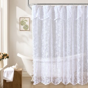 HLC.ME Harper Lace Shower Curtain for Bathroom with Floral Vine Design and Attached Valance – Elegant Victorian Classic Style - 1 of 4