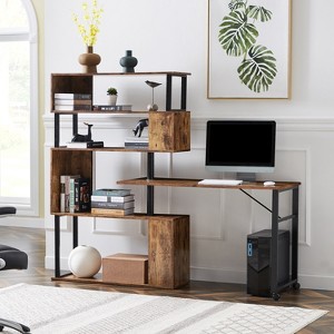 Office Desk L-Shaped Corner Table Rotating Computer Table with Bookshelf and Lockable Casters, Four Installation Methods, Black/Brown-ModernLuxe - 1 of 4