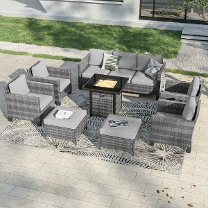 Sonkuki 8 Pieces Patio Sofa with Square Fire Pit Table and Ottomans, Wicker Conversation Couch, Light Gray Cushion - 1 of 4