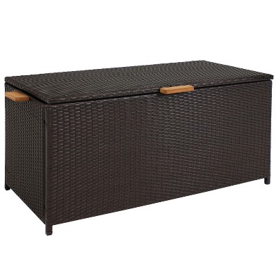 Sunnydaze 75 Gallon Indoor/Outdoor Acacia Wood and Resin Wicker Storage Deck Box with Hinged Lid - Brown