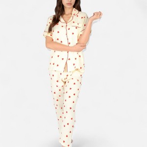 Anna-Kaci Lounge Women's Red Heart Print Pajama Set with Short Sleeve Button-Up Top and Relaxed Fit Elastic Waist Pants - 1 of 4