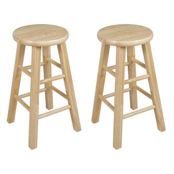 PJ Wood Round-Seat 24 Inch Tall Kitchen Counter Stools for Homes, Dining Spaces, and Bars with Backless Seats, 4 Square Legs, Natural, Set of 2