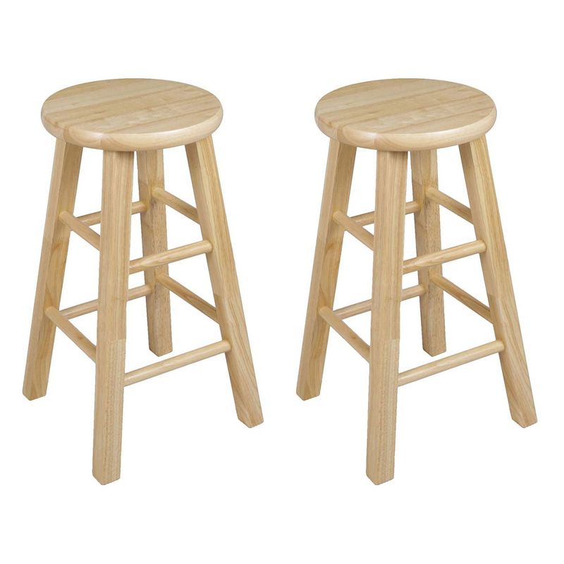 PJ Wood Round-Seat 24 Inch Tall Kitchen Counter Stools for Homes, Dining Spaces, and Bars with Backless Seats, 4 Square Legs, Natural, Set of 2, 1 of 7