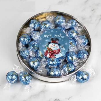 Christmas Candy Gift Tin with Chocolate Lindor Truffles by Lindt Large Plastic Tin with Sticker By Just Candy - Snowman