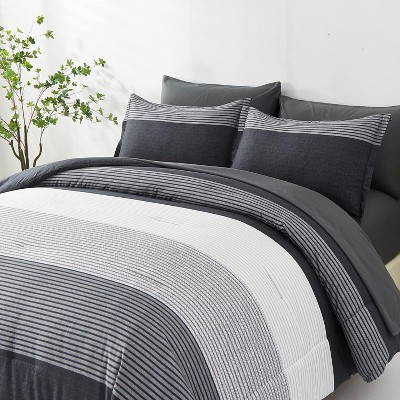 Der Rose BALHAM TRADE-Queen Size Striped Comforter Set 7 Piece Bed in a Bag Boho Black Grey Striped Navy Blue Queen 90"x90" — фото 8