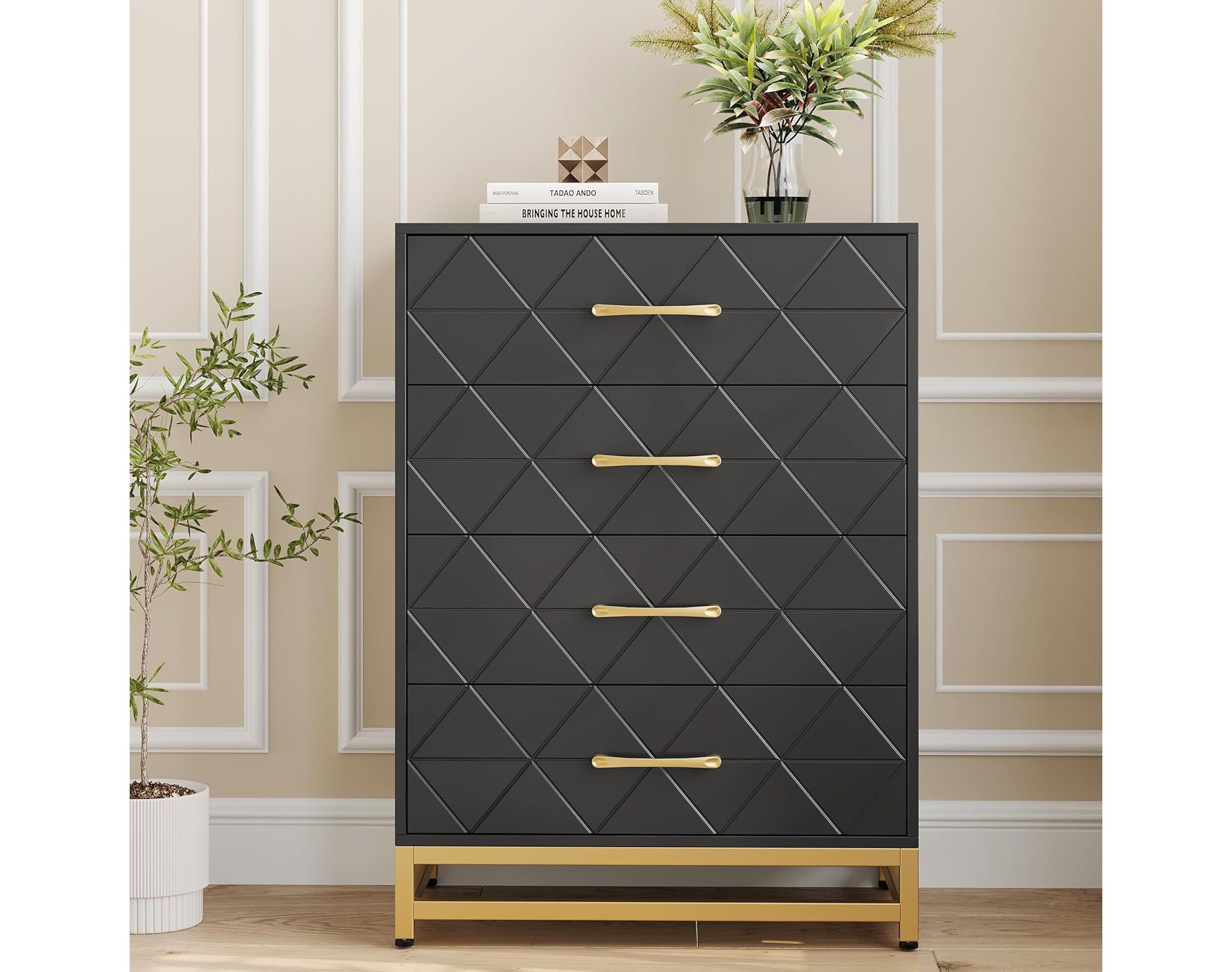 4-Drawer Dresser with Gold Handles, Wooden Dresser for Bedroom, Living Room, Entryway