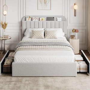 Twin XL/Queen Bed Frame with 2 Flexible Drawers and Bookcase Headboard, Boucle Upholstered Platform Bed for Boys/Girls - 1 of 4