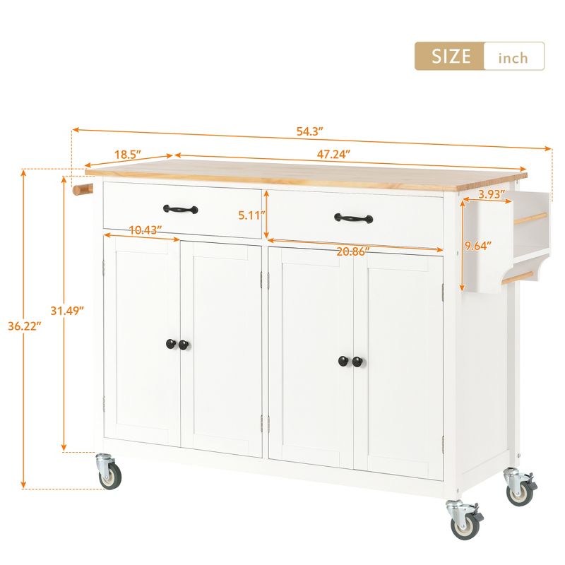 54.3 Inch Width Kitchen Island Cart with Solid Wood Top, 4 Door Cabinet, Two Drawers, Spice Rack and Locking Wheels-ModernLuxe, 3 of 14