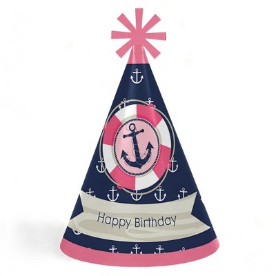 Big Dot of Happiness Ahoy - Nautical Girl - Cone Happy Birthday Party Hats for Kids and Adults - Set of 8 (Standard Size)