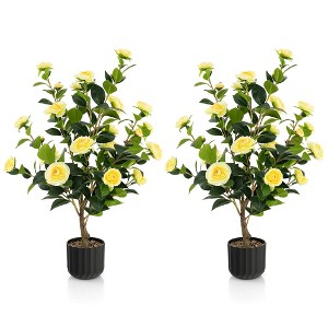 Tangkula 2-Pack 38" Artificial Camellia Tree Faux Floral Plant for Decoration Yellow - 1 of 4