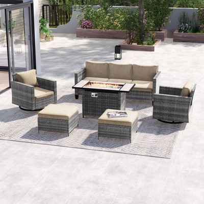 Sonkuki 6-Piece Patio Sofa with Rectangle Fire Pit Table and Swivel Rocking Chairs, Patio Conversation Couch with Cushion