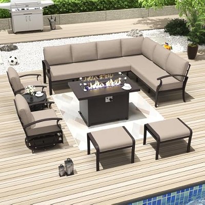 ALAULM Aluminum Patio Furniture Set Modern Metal Outdoor Conversation Sets w/45in Propane Fire Pit Table, Patio Sectional Sofa w/5.1 Inch Cushion