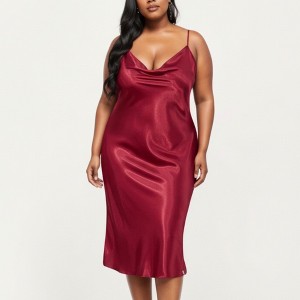 Anna-Kaci Lounge Women's PLus Size Satin Midi Slip Dress with Draped Neckline and Smooth Glossy Fabric - 1 of 4