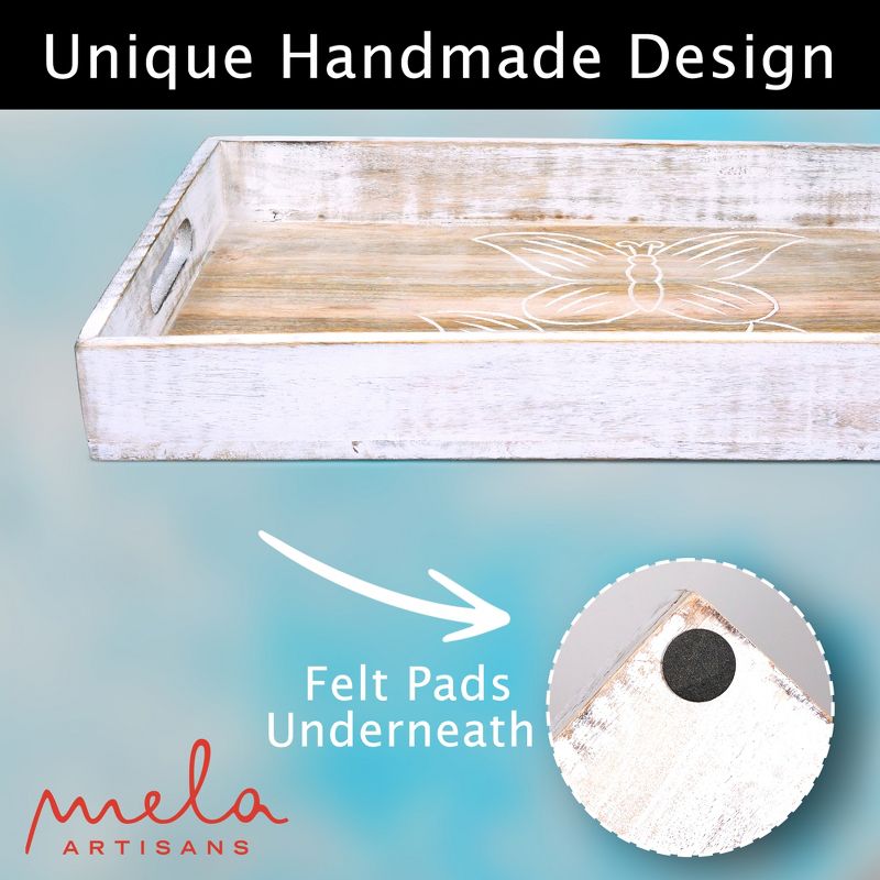 Mela Artisans Decorative Wood Serving Tray w/ Handles (Whitewash) -Medium Farmhouse Trays for Coffee Table Mango Wood Decorative Tray - 16"x12"x2.5", 2 of 4