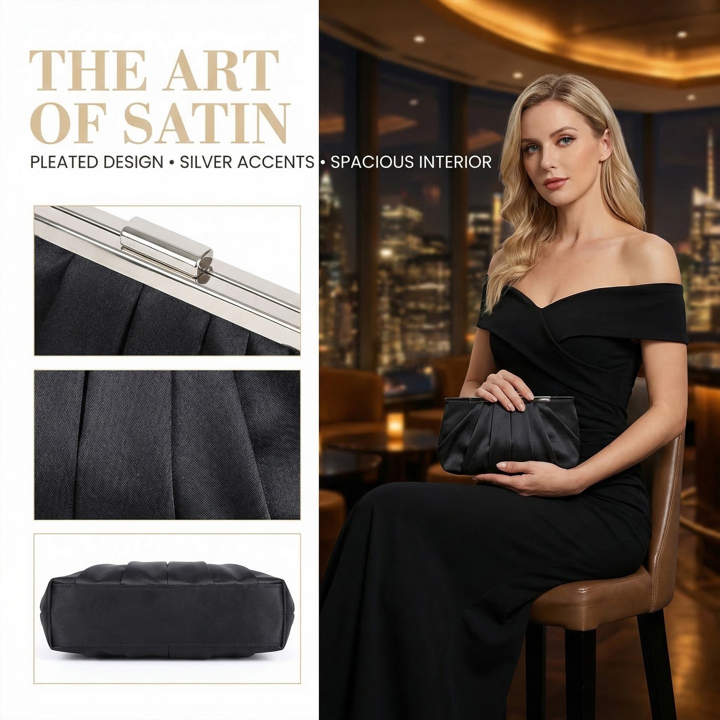 Женские клатчи INSPIRE CHIC 2 Packs Clutch Purse for Women Soft Pleated Evening with Metal Chain Black/Blue 10.6*2.4*5.9 inches, цвет: Чёрный — фото 4