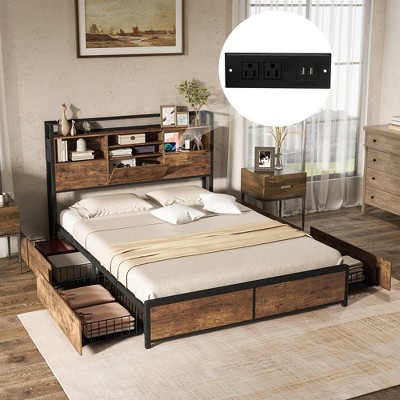 Queen Size Vintage Brown Bed Frame with Bookcase Headboard and Storage Drawers