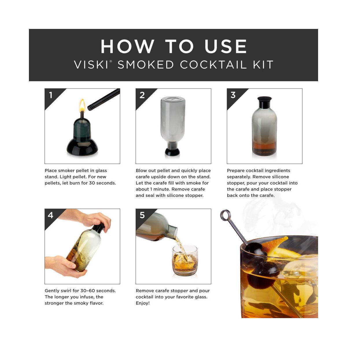 Viski Alchemi Smoked Cocktail Kit, 5-Piece Set, Glass Smoking Stand, Infuser Carafe, Silicone Stopper, Smoking Pellets & Recipe Booklet, Gifts for Men - thumbnail 3