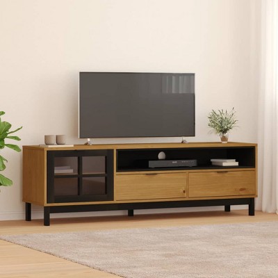 vidaXL TV Stand with Glass Door FLAM 62.2 in.x15.7 in.x19.7 in. Solid Wood Pine