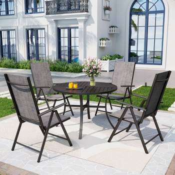 Captiva Designs 5pc Outdoor Dining Set with 7-Position Adjustable Folding Chairs & Round Metal Table with Umbrella Hole