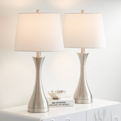 Brushed Nickel Modern Table Lamps Set with White Drum Shades