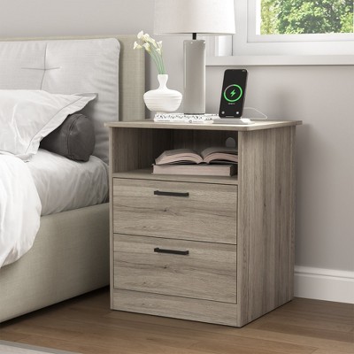 Resenkos Wood Nightstand With Charging Station, Bedside Table With 2 Drawers, Night Stand With Storage For Bedroom,