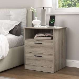 Resenkos Wood Nightstand With Charging Station, Bedside Table With 2 Drawers, Night Stand With Storage For Bedroom, - 1 of 4