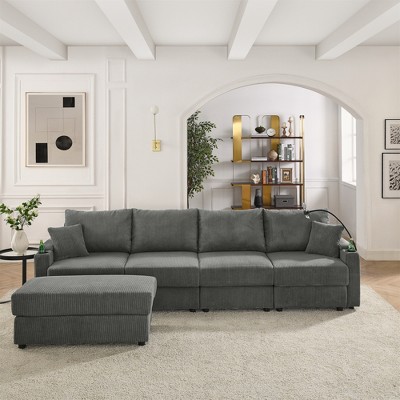 Modern 132" Corduroy L-Shaped Sectional Sofa with Storage Ottomans, Cup Holders & Phone Holder