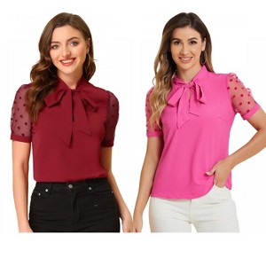 INSPIRE CHIC Women's Bow Tie V Neck Stand Collar Short Mesh Sleeve Blouse 2 Packs - 1 of 4