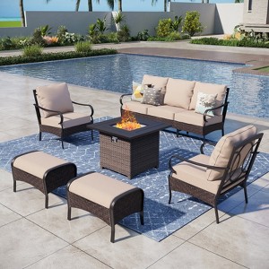 Captiva Designs 6pc Extra Large Metal and Rattan Outdoor Patio Fire Pit Set with Armchairs and Ottomans - 1 of 4