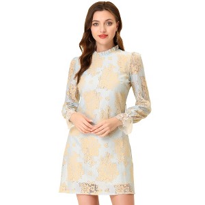 Allegra K Women's Elegant Ruffle Crew Neck Formal Elegant Mini Floral Lace Dress - 1 of 4