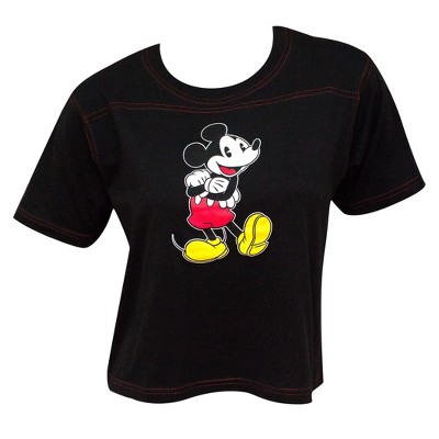 Adult Mickey Mouse Contrast Stitch Cropped Black Tee Shirt