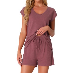 INSPIRE CHIC Women's 2 Piece Lounge Set Knit Short Sleeve Tee and Shorts Pajama Set with Pockets - 1 of 4