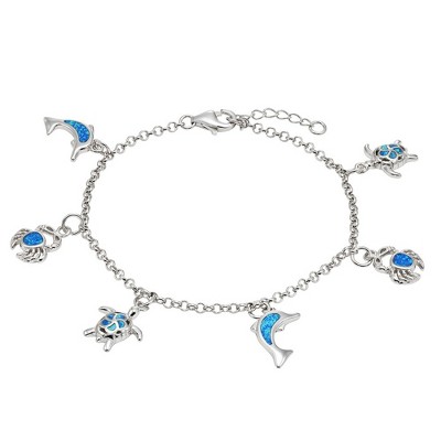 Opalata Sterling Silver, Hanging Sea-Life Charms Bracelet - Blue Opal - Blue - 7 Inch