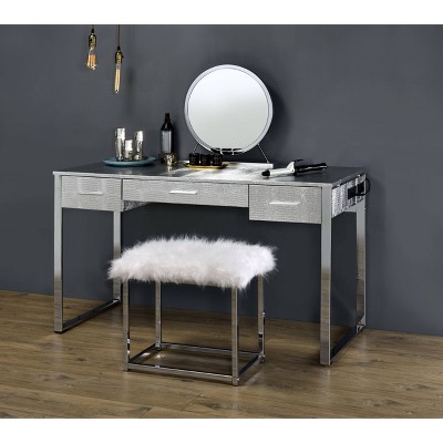 50" Antique White and Chrome Vanity Set with Faux Fur Bench
