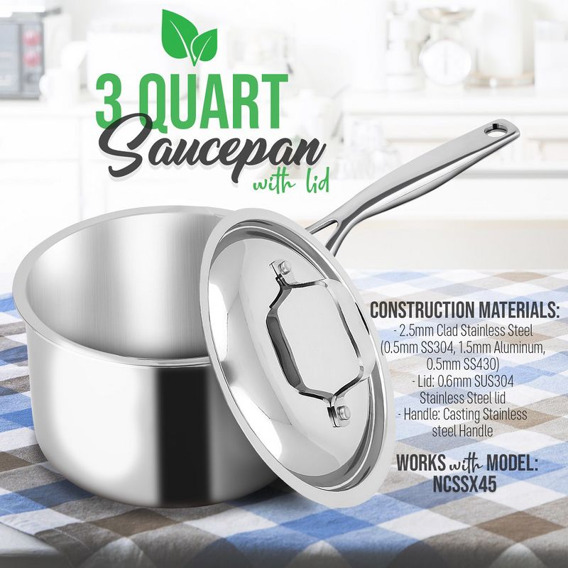 NutriChef 3-quart Saucepan with Lid - Stainless-Steel Stain-Resistant Sauce Pot Kitchen Cookware, 2 of 7