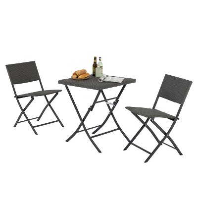 DOMETOUR 3-Piece Foldable Rattan Bistro Set: Outdoor Table & Chairs for Garden, Balcony, Poolside - All-Weather Design