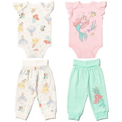 Image of Disney Princess Ariel Cinderella Belle Newborn Baby Girls Cuddly Snap Bodysuits Pants Pink / White / Green 6-9 Months