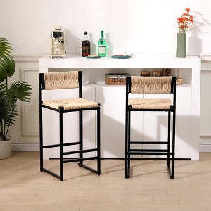 Bar Stools Set of 2, Handwoven Paper Rope Counter Chairs with Back, Sturdy Metal Frame, Double Footrest, Perfect for Kitchen - 1 of 4