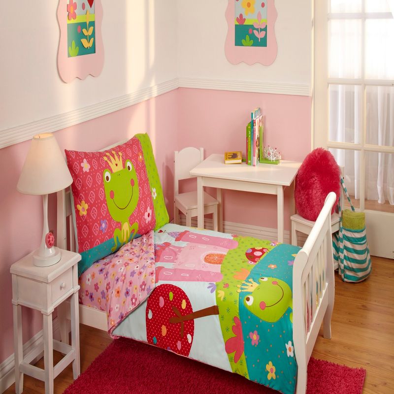 Everything Kids Fairytale Pink, Green and Teal, Castle, Frog, Flowers 4 Piece Toddler Bed Set, 1 of 7