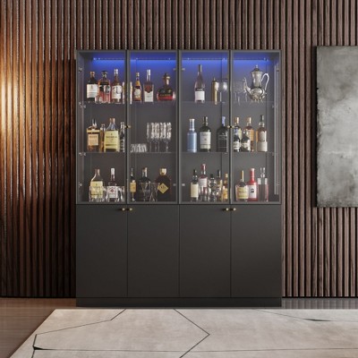 Famapy Wine Cabinet with RGB LED Lights,Glass Panels & Gold Details,Display Cabinet,Elevate Your Wine Collection and Home Bar Aesthetic