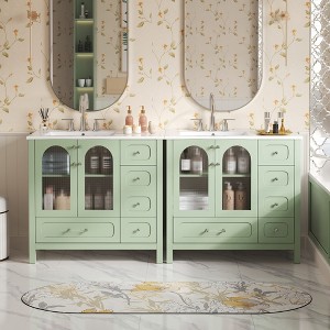 KWPZQEB 36" Bathroom Vanity, Bathroom Storage with 2 Glass Doors & 4 Drawers, Cabinet Vanity with Soft-Closing Design & Adjustable Shelf, Green - 1 of 4