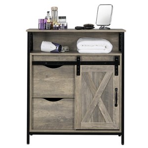 VINGLI Farmhouse Bathroom Floor Storage Cabinet, Rustic Freestanding Cabinet with Sliding Barn Door, 2 Large Drawers and Adjustable Shelves, Wash Grey - 1 of 4