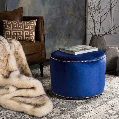 Transitional Royal Blue Velvet Round Ottoman with Nailhead Trim