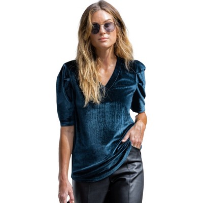 Amaryllis Women's Velvet V-Neck Short Sleeve Top with Soft Draped Fit and Slightly Puffed Shoulders