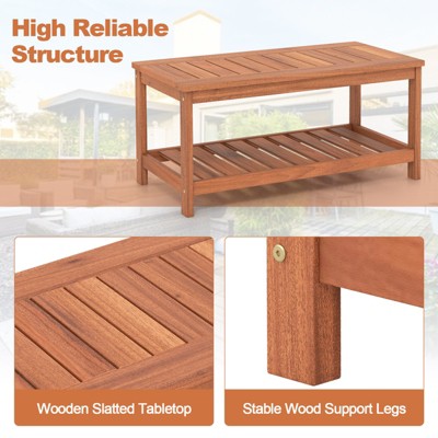 Natural Hardwood 2-Tier Outdoor Coffee Table with Slatted Shelf