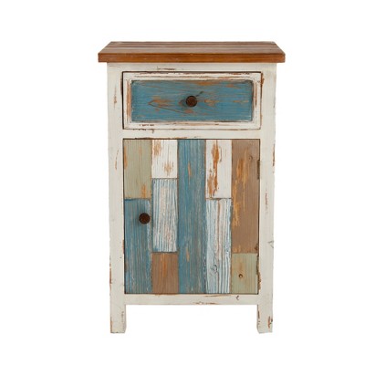 LuxenHome Rustic Multi-Color 1-Drawer 1-Door End Table with Storage. Multicolored